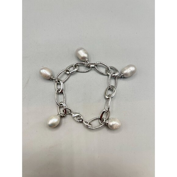 Vintage Silver Tone Chain Bracelet with Genuine Pearl Charms Link Bracelet - Picture 2 of 6